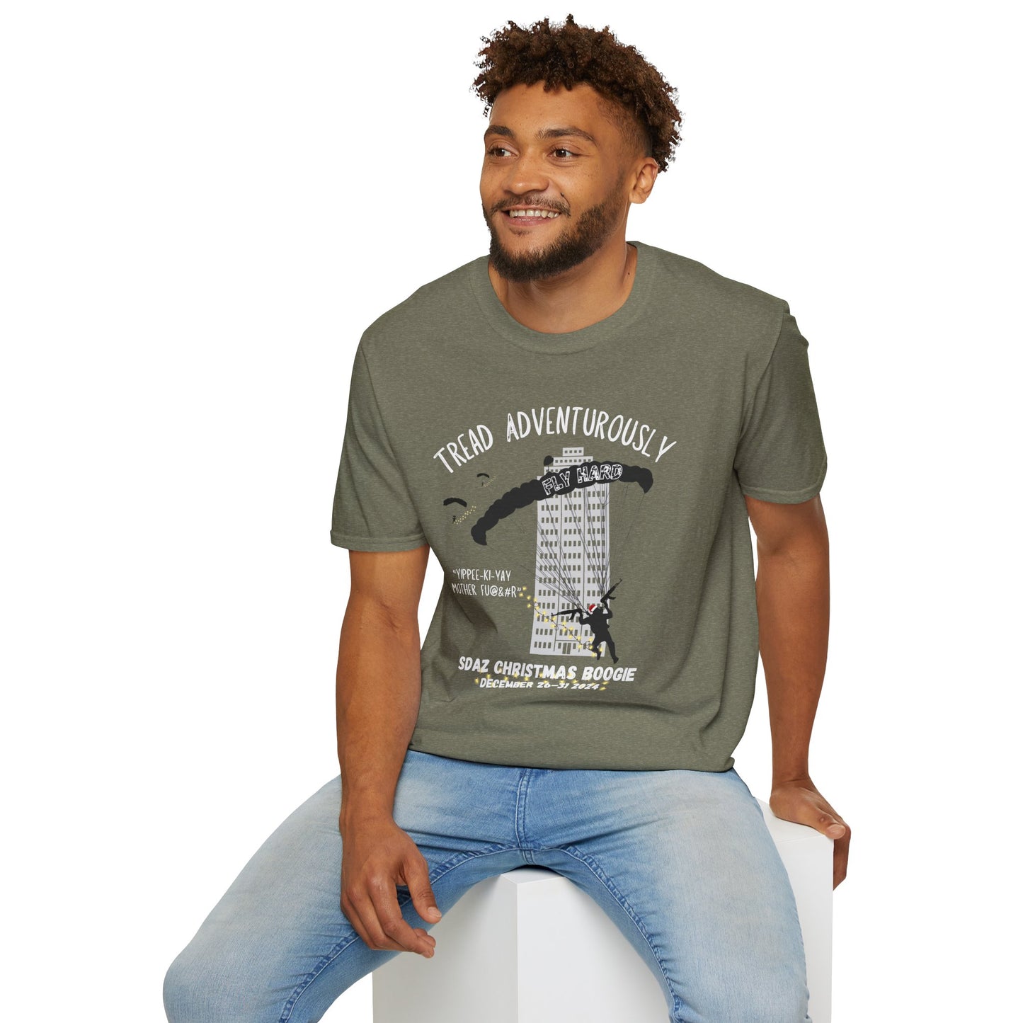 SDAZ Christmas Boogie 2024 - Yippee-Ki-Yay Parachute T-Shirt | Adventure & Humor Apparel for Thrill Seekers