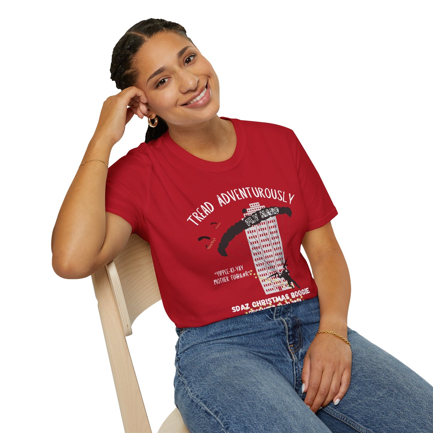 SDAZ Christmas Boogie 2024 - Yippee-Ki-Yay Parachute T-Shirt | Adventure & Humor Apparel for Thrill Seekers
