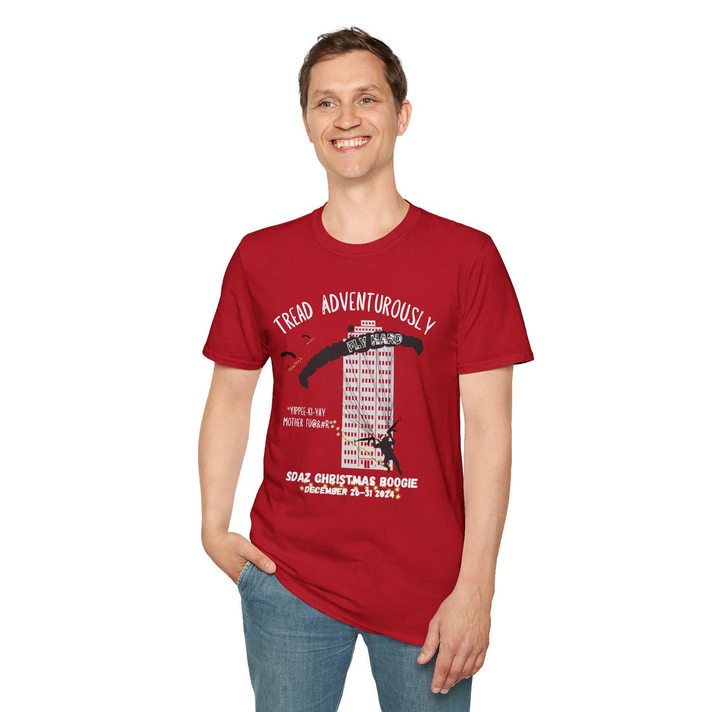 SDAZ Christmas Boogie 2024 - Yippee-Ki-Yay Parachute T-Shirt | Adventure & Humor Apparel for Thrill Seekers