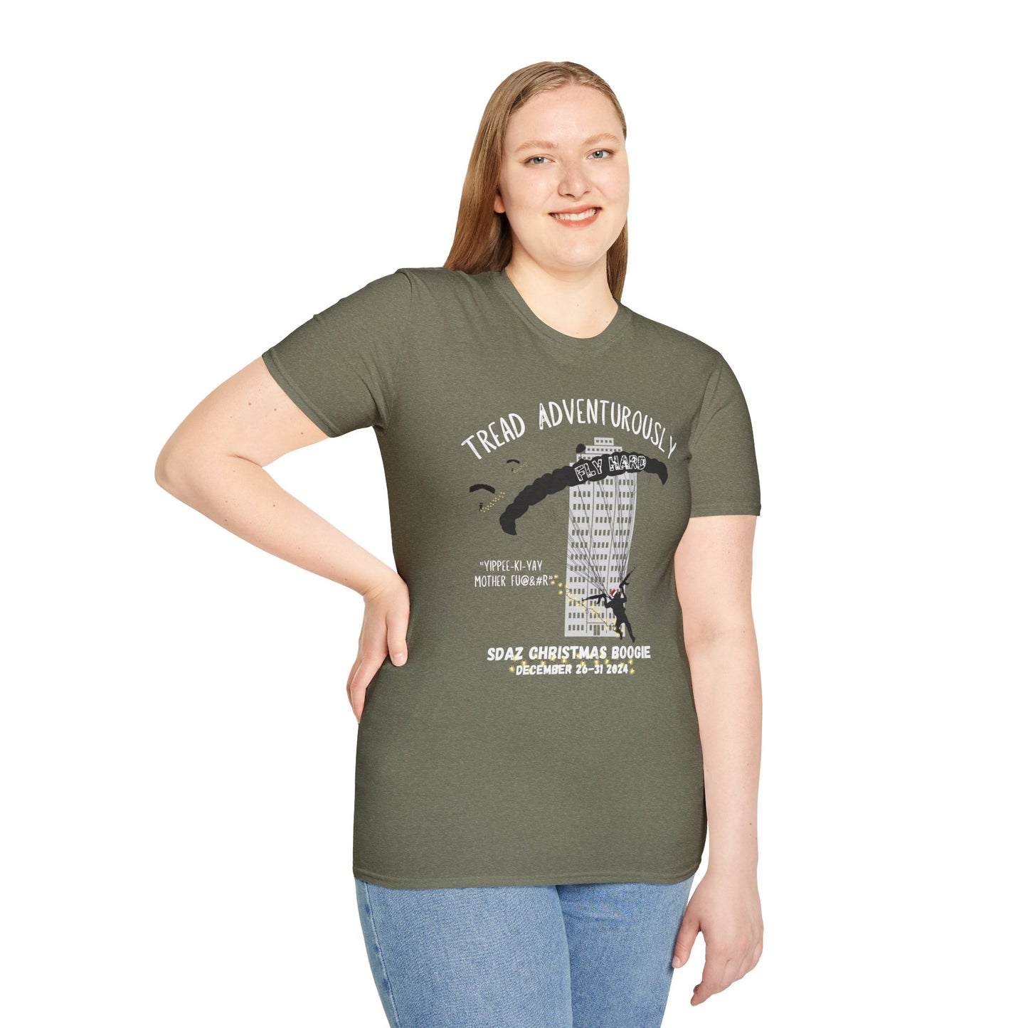 SDAZ Christmas Boogie 2024 - Yippee-Ki-Yay Parachute T-Shirt | Adventure & Humor Apparel for Thrill Seekers