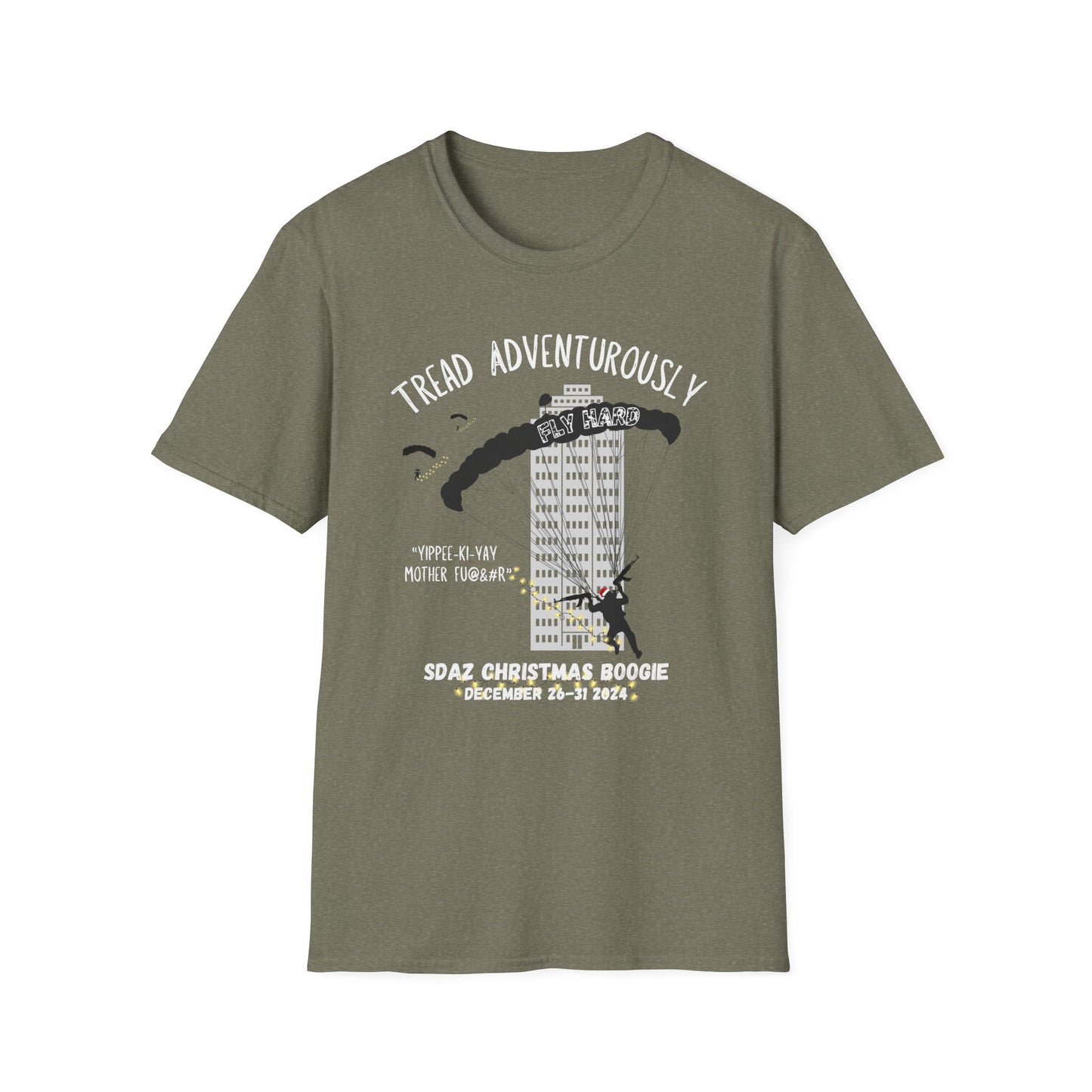SDAZ Christmas Boogie 2024 - Yippee-Ki-Yay Parachute T-Shirt | Adventure & Humor Apparel for Thrill Seekers